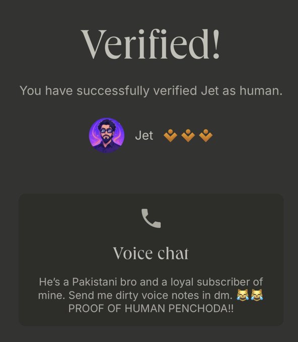 The image shows a "Verified!" confirmation screen from the Ethos Network app, displaying that "Jet" has been successfully verified as human, complete with an avatar of a man with glasses and mustache. Below, a "Voice chat" section describes Jet as "a Pakistani bro and a loyal subscriber" seeking "PROOF OF HUMAN PENCHODA," which corresponds to the post's announcement about verifying user @xjet008 on Ethos Network.