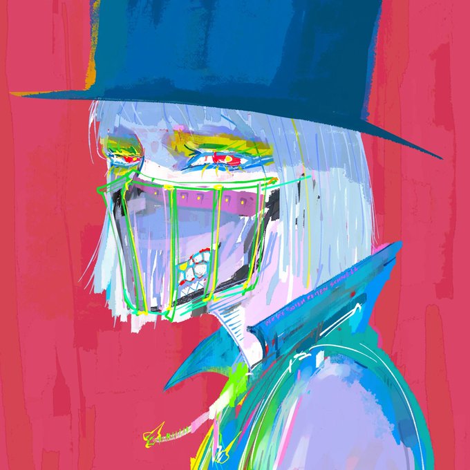 A vibrant, expressionist digital painting depicts a pale-haired figure in a blue hat and face covering, with haunting green and red eyes, set against a bold pink background. The artwork's dark, vampiric aesthetic visually captures the mood of the "Interview with the Vampyr" piece featured on @xrpcafe (link: xrp.cafe/nft/0008271074).