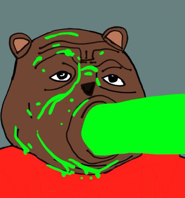 An illustrated brown bear meme with green liquid splashing across its face, depicted with a tired expression while a stream of green comes from its mouth.