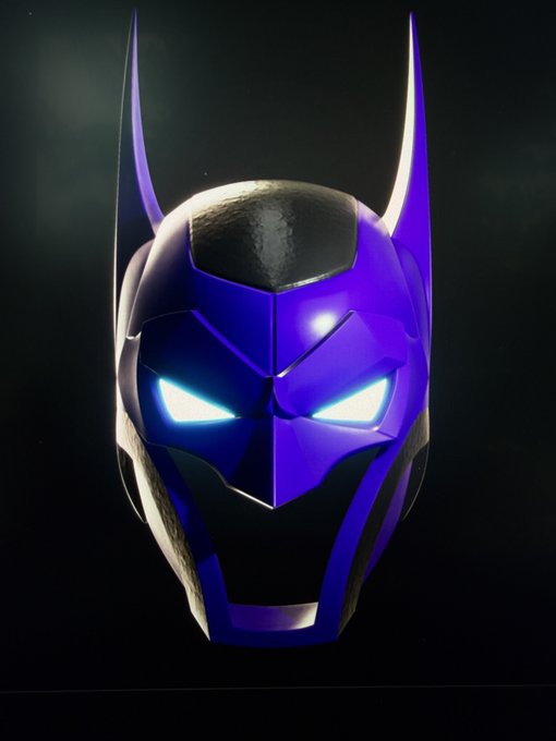 This image shows a striking purple and black batcowls with glowing white eyes. It visually represents the "dazzling batcowl" the user acquired using "Claude" and a debit card for Coinbase.