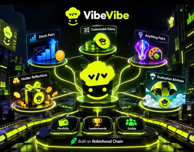 A promotional graphic for 'VibeVibe' showcasing Customizable Tokens, Stock Pairs, Anything Pairs, Holder Reflections, Graduation Airdrops, and more, built on Robinhood Chain.