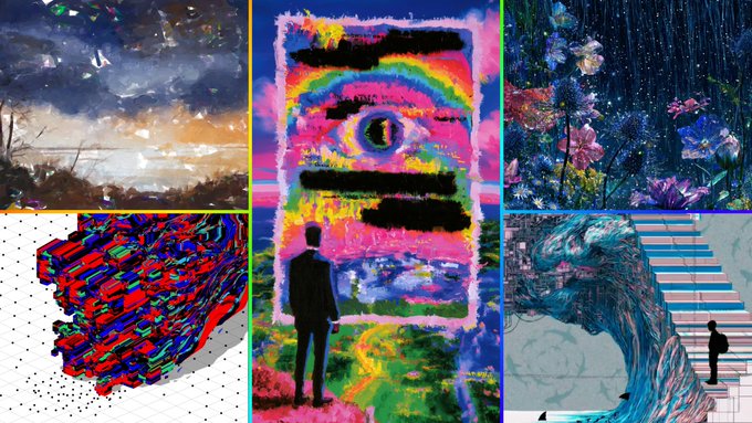 A collage of six diverse digital art and illustration pieces, including landscapes, a central colorful piece featuring a figure before an eye motif, and a staircase scene.