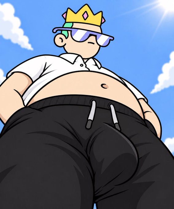 A cartoon illustration of a chubby character wearing a crown, sunglasses, and black sweatpants with drawstrings, viewed from a low angle against a blue sky.