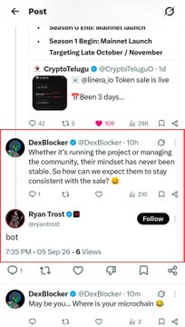 A Twitter/X thread screenshot featuring posts about "Linera.io Token sale is live" from @CryptoTelugu and @Linera_io, with engagement metrics showing 106 likes and 28K views, dated September 26 at 7:35 PM.