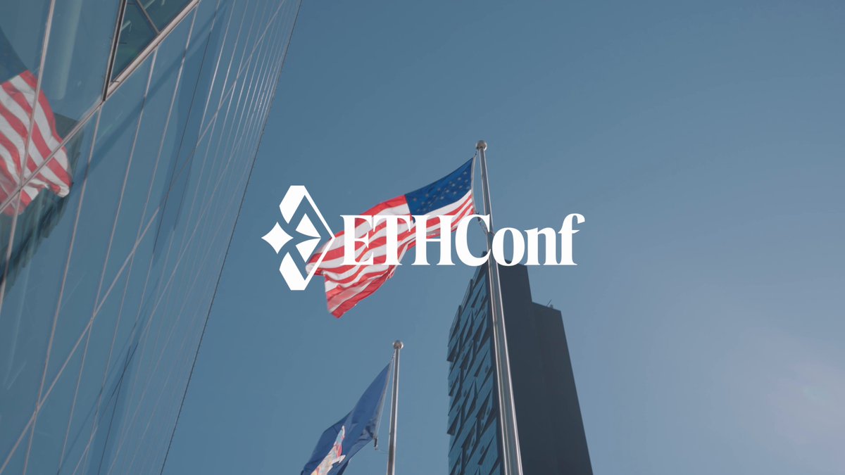 The image features an American flag flying high above a building, with the words "ETHConf" written below it. The text also includes the phrase "Three days. One city." This suggests that the event might be taking place over three days at a single location in the United States. The post is titled "ETHConf", which indicates that it's related to the Ethereum blockchain and cryptocurrency conference.