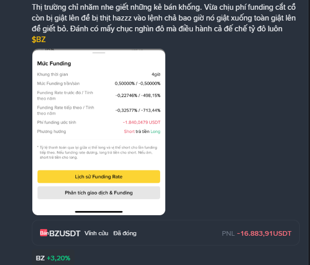 A mobile trading interface in Vietnamese showing a 'Mức Funding' (Funding Rate) panel for BZ (Binance) against USDT, displaying a negative funding rate trend and a PNL of -16,883.91 USDT with BZ at +3.20%.