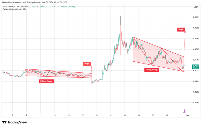 A TradingView chart of SUI/USDT showing two "Falling Wedge" patterns with projected targets, indicating a +0.06% price change.