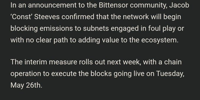 A black and white text message announcing the Bittenso community's decision to block emissions from subnets engaged in foul play or with a clear path to adding value to the ecosystem, scheduled for May 26th.