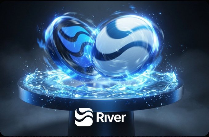 A promotional graphic for River featuring two glowing blue orbs with wave logos above a water-filled pedestal with the River logo.