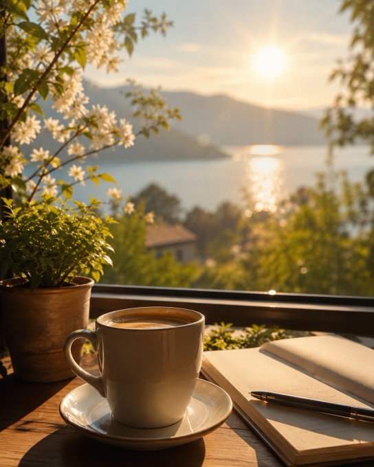 A cup of coffee sits on a wooden table beside an open notebook and pen, overlooking a serene coastal sunset with blossoming flowers framing the view. The peaceful morning scene complements the post's invitation to start the week comfortably, visually reinforcing the calm, ease, and convenience that the Tria platform promises for managing crypto.