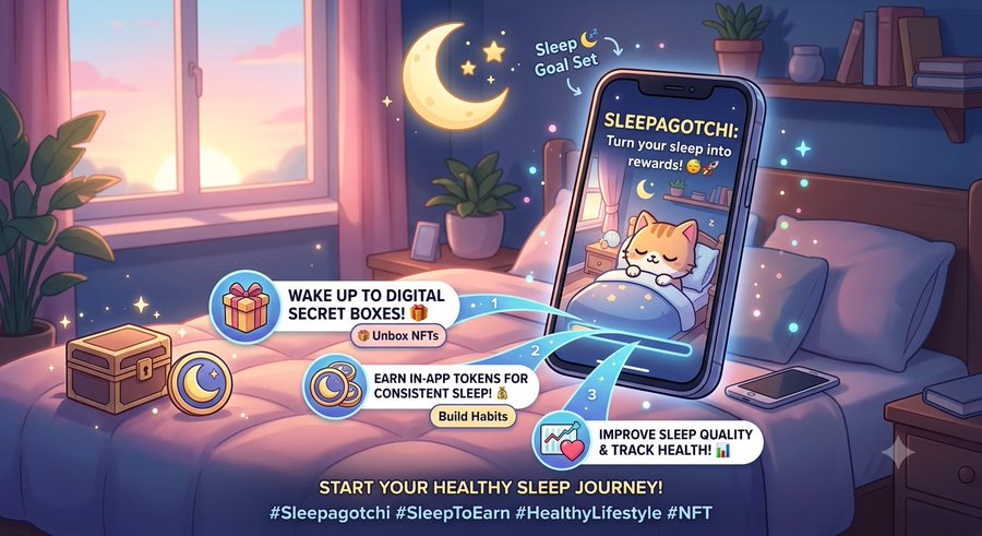 A promotional illustration for 'Sleepagotchi' advertises a sleep-tracking app where users earn rewards, unbox NFTs, and build healthy sleep habits.