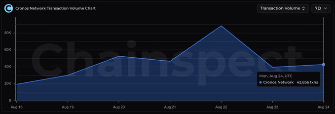 A line chart titled 'Cronos Network Transaction Volume Chart' from chainspect, showing transaction volumes from Aug 18 to Aug 24, peaking around Aug 22, with a data point of 42,856 txns on Mon, Aug 24 UTC.