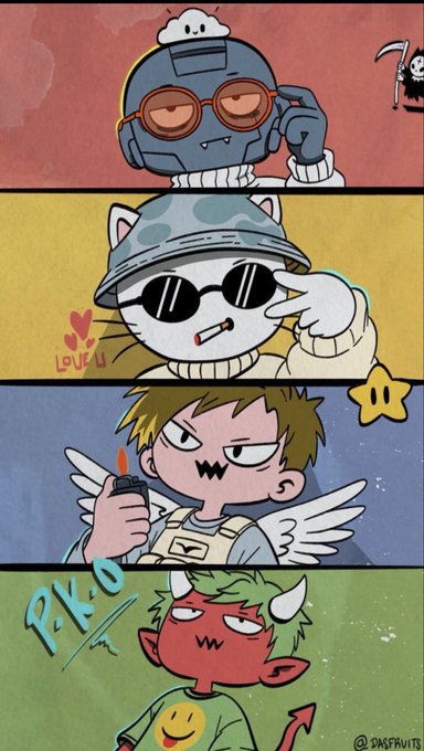 A four-panel comic featuring stylized cartoon characters, including a winged demon holding a lighter and a red horned figure, with "PKO" text and "@SNSFRUITS" signature, fitting the giveaway theme for @pko_nft by showcasing NFT art from the collection.