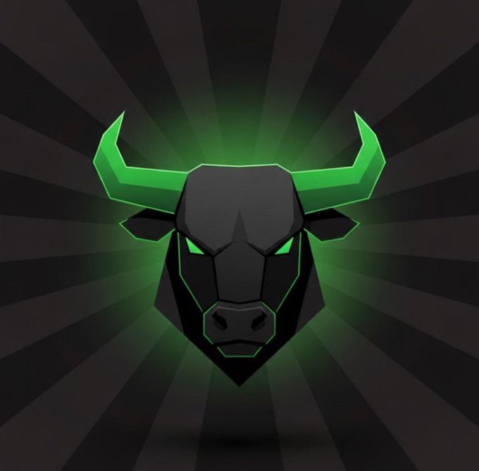 A stylized dark gray bull head with glowing neon green horns and eyes is centered against a dark background with radiating gray stripes. The image serves as a bold logo or mascot graphic, likely representing a crypto or meme coin brand, fitting the context of an airdrop and community-driven promotion described in the post.