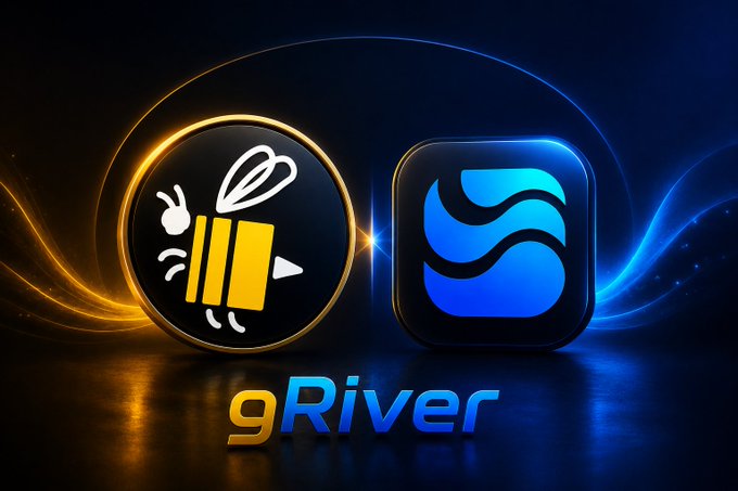A promotional graphic for "gRiver" displaying two app icons: a yellow circular icon featuring a stylized bee and a blue square icon with a wavy design, against a glowing background.