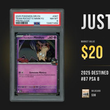 A PSA 8 graded 2025 Pokémon Destined Rivals Team Rocket's Mimikyu card #087 listed on a trading platform with a market value of $20 and a wild card price of $30.