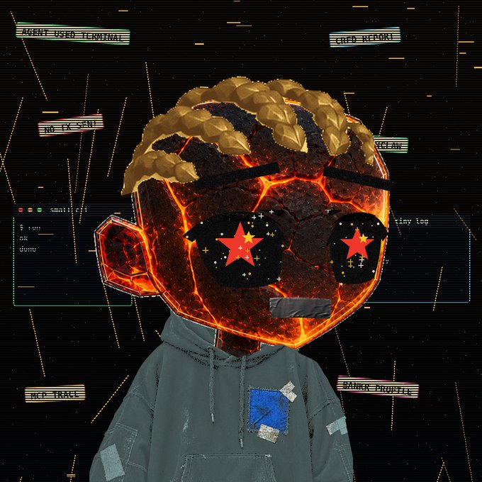 A stylized digital illustration depicts a character with a glowing lava-cracked head, blonde curly hair, and star-shaped sunglasses, wearing a tattered hoodie against a glitchy dark background.