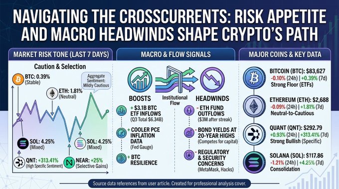 An infographic titled 'NAVIGATING THE CROSSCURRENTS: RISK APPETITE AND MACRO HEADWINDS SHAPE CRYPTO'S PATH' displaying market risk tone (BTC: 0.39% Stable, ETH: 1.81% Neutral, SOL: 4.25% Mixed), macro signals (boosts and headwinds), and major crypto data (BTC $83,627, ETH $2,688, QNT $292.79, SOL $117.86).