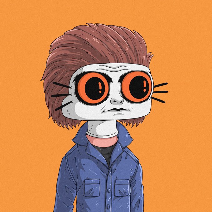 A stylized illustration shows a character with brown hair, oversized orange eyes, cat-like whiskers, and a blue jacket against an orange background.