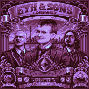 A purple-tinted ornate banner for 'ETH & SONS COMPANY' advertising an 'Ethereum Family of Chains' event featuring Robinhood Arbitrum since July 30, 2015, with three suited figures standing before a city skyline and an Ethereum diamond logo.