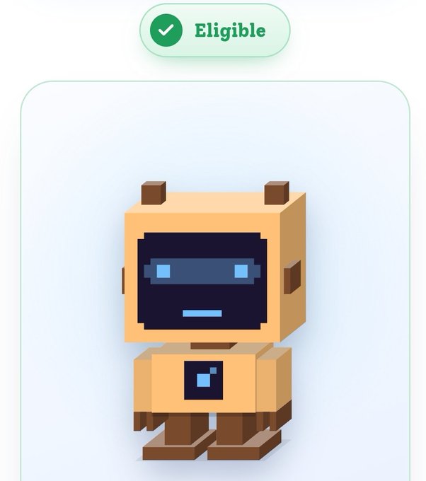 A pixel-art style 3D rendering of a small blocky robot character in tan and brown, displayed with a green 'Eligible' badge above it.