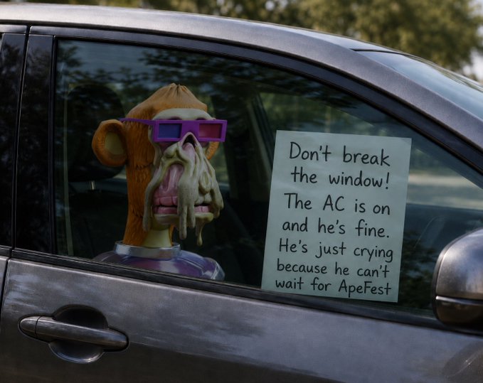 iced car window with a cartoon monkey wearing sunglasses and holding a sign, accompanied by text about the AC's efficiency.