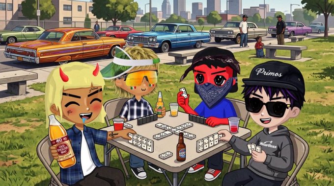 Chibi-style characters playing dominoes at a park table while drinking soda and beer, with classic cars and a city skyline in the background.