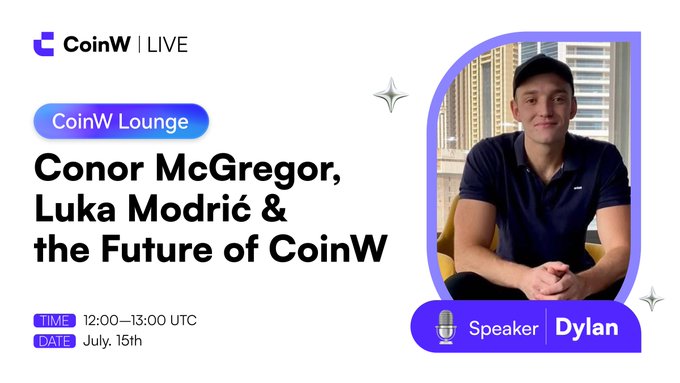 The image is a promotional graphic for "CoinW LIVE" featuring the CoinW Lounge episode titled "Conor McGregor, Luka Modrić & the Future of CoinW," airing at 12:00–13:00 UTC on July 15th, with speaker Dylan. It shows a man wearing a navy polo shirt and black cap seated outdoors with a city skyline behind him, complementing the post's announcement of the new show's debut episode hosted by @Dylanmaynard123.