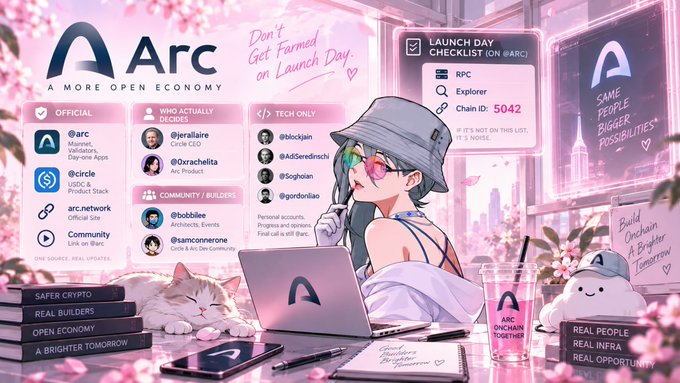 A stylized promotional graphic for Arc features an anime-style woman in a bucket hat working on a laptop alongside a cat and an Arc mascot, surrounded by cherry blossoms, with a verified Launch Day checklist (RPC: Explorer, Chain ID: 5042) and official social handles listed (@arc, @circle, @jerallaire, @orachelita, @bobbie, @samcornerone). The image reinforces the post's message by visually warning that only these specific accounts—like @arc for mainnet updates and @circle for USDC—are the real sources of truth, cautioning users not to be scammed by fake "official" profiles on launch day.