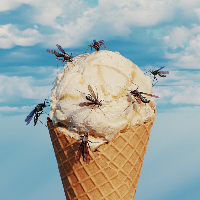 A surreal composite image showing a large scoop of vanilla ice cream in a waffle cone against a blue cloudy sky background, with multiple flies crawling on the ice cream.