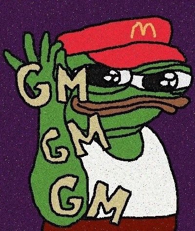 The image features Pepe the Frog wearing a red McDonald's visor, with "GM" (good morning) written multiple times down his arm against a starry purple background. It relates to the post as a playful "good morning" greeting meme, combining the common crypto "GM" greeting with the "Mutuals" callout and the lighthearted engagement-bait prompt asking followers to share their plans for the new week.