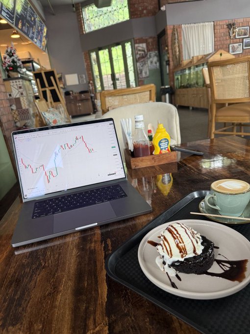 A cozy café scene featuring a MacBook displaying a stock/crypto candlestick chart on a wooden table, alongside a cappuccino in a teal cup and a chocolate brownie dessert drizzled with caramel and chocolate sauce.