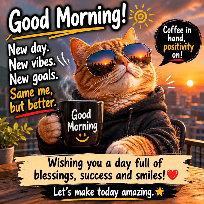 The image features a cat wearing sunglasses, holding a coffee mug, and sitting at a table. The background of the image shows an orange sunset over a city skyline. Below the cat, there's text that reads "Good Morning! New Day. New Vibes. New goals. Same me but better." This suggests that it is a morning greeting for the day with a positive attitude towards new beginnings and personal growth.