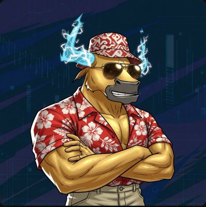 The image features a cartoon bull wearing sunglasses and a red Hawaiian shirt with white flowers. The bull has its arms crossed over its chest and appears to be posing for the photo, possibly as part of an advertisement or promotional material.