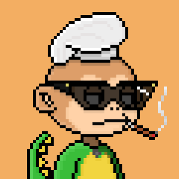 A pixel art character with white hair, sunglasses, a green and yellow outfit, and a cigarette, serving as a stylized avatar or mascot accompanying the artist's post celebrating the successful launch of their MonkeyHood NFT project.