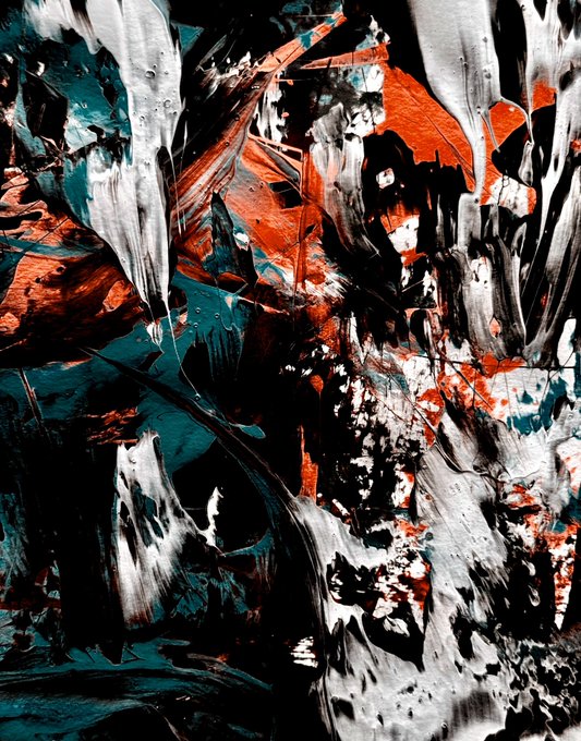 "Beautiful Wreckage" by 25tez—a chaotic abstract composition of dripping black, white, teal, and crimson paint splashes, visually echoing the artwork's theme of finding harmony within beautiful disorder.