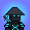 A pixel art character wearing a black hat with cyan glowing eyes and a matching outfit stands against a blue background.