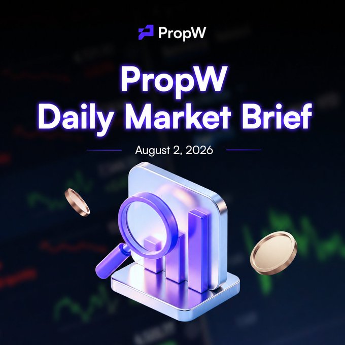 A promotional graphic titled 'PropW Daily Market Brief' dated 'August 2, 2026', featuring a 3D illustration of a bar chart, magnifying glass, and floating coins.