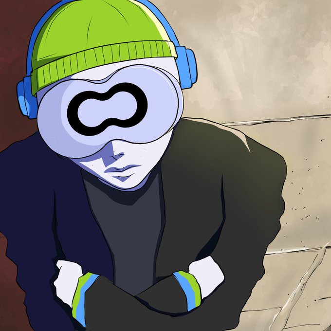 An anime-style illustration of a character wearing a green beanie and blue headphones, with a distinctive infinity-symbol visor covering their eyes, dressed in a dark jacket.