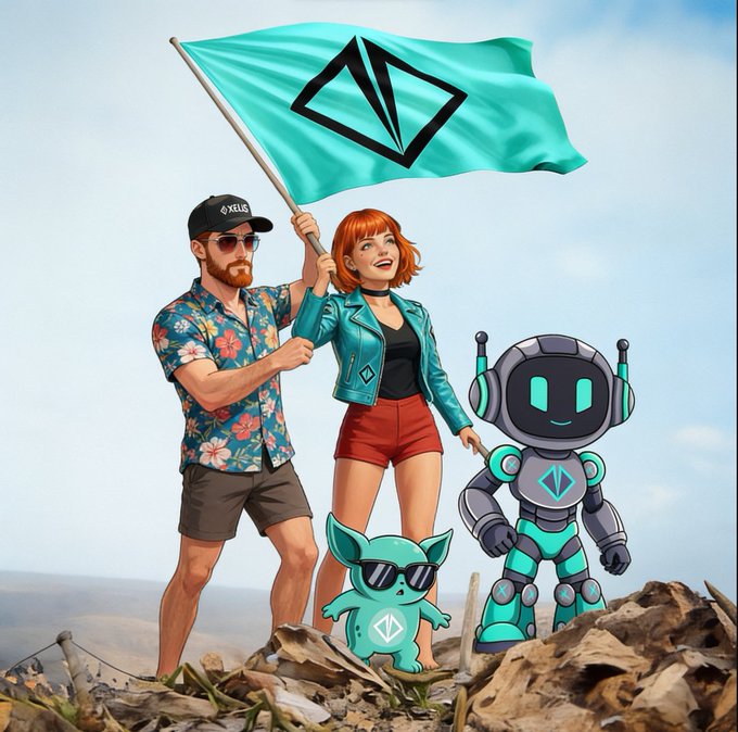 A digital illustration of a couple and a small robot companion standing on a rocky hill holding a teal flag with a geometric logo, with the man wearing a cap reading 'XELIS'.