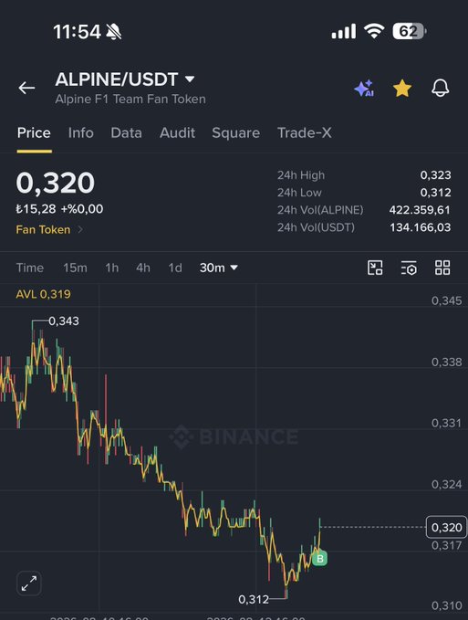 A Binance app screenshot displays the ALPINE/USDT trading pair showing a current price of 0,320 USDT (₺15,28) with a 30-minute candlestick chart showing a sharp decline from 0,343 to 0,312 before a slight recovery, suggesting the "nice rise" mentioned in the post has not yet materialized.