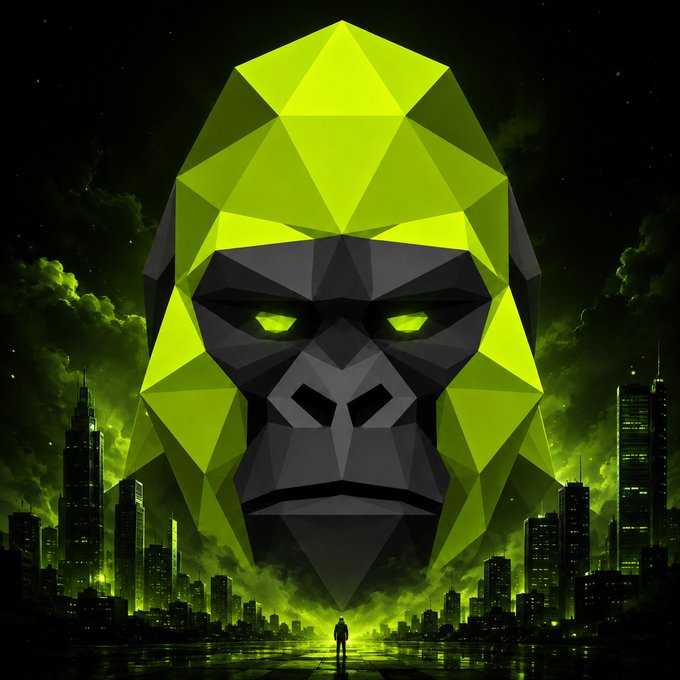 A colossal low-poly gorilla head, rendered in glowing neon green, looms ominously over a shadowy cityscape as a lone figure stands beneath it—evoking SolCex's powerful market presence as it prepares to unleash its upcoming Launchpad.