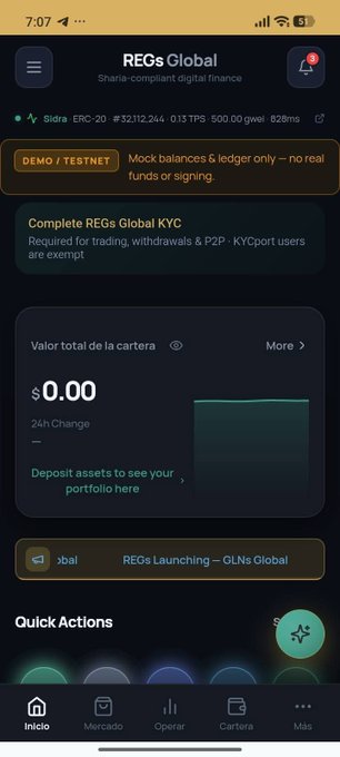 A mobile app screenshot of 'REGs Global', described as 'Sharia-compliant digital finance', showing a $0.00 portfolio balance on what appears to be a testnet environment.