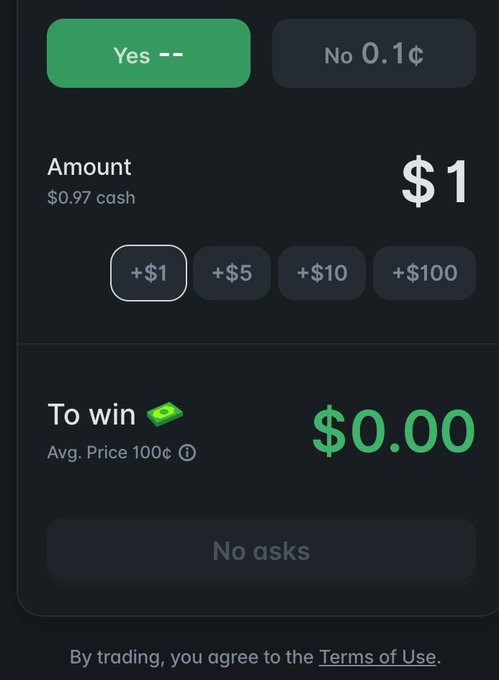 A dark-themed prediction market interface displays 'Yes --' and 'No 0.1¢' buttons, an 'Amount' of '$1', and a 'To win' amount of '$0.00'.