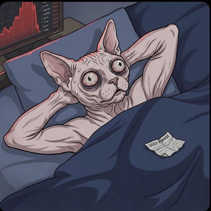 An illustration of a hairless Sphynx cat lying in bed with a distressed, sweaty expression, staring at a laptop showing a crashing red cryptocurrency chart, with a 'SEED PHRASE' paper nearby.