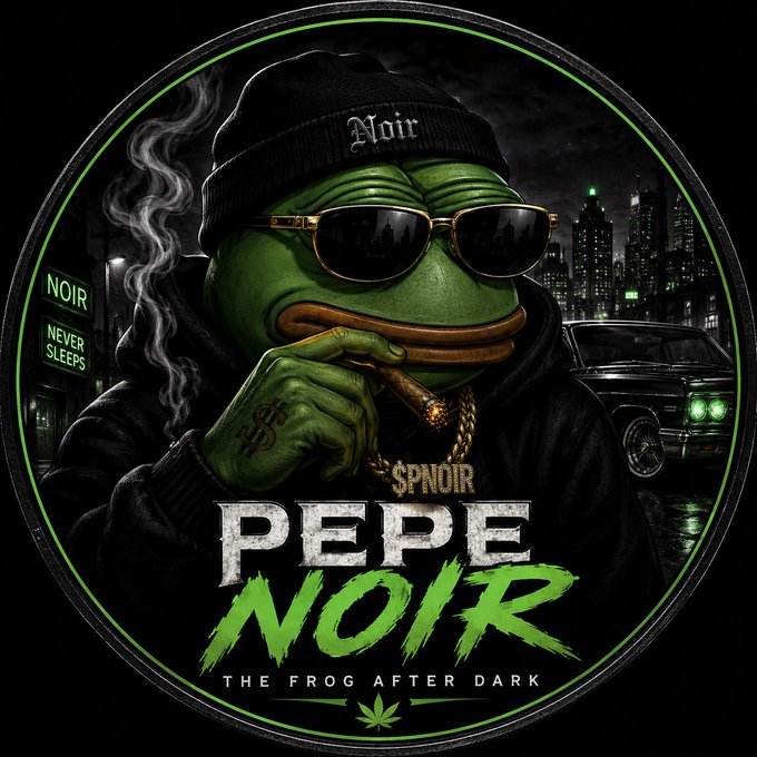 A circular graphic features the Pepe the Frog character styled as a noir detective, wearing a black beanie labeled 'Noir', sunglasses, a gold chain with a '$PNOIR' pendant, and smoking a cigar, with the text 'PEPE NOIR - THE FROG AFTER DARK' and a small cannabis leaf at the bottom.