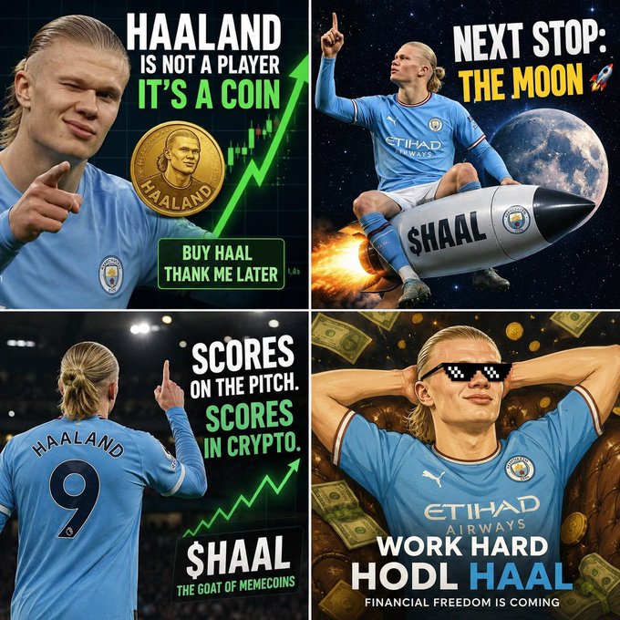 This image is a collage promoting the "$HAAL" cryptocurrency, featuring footballer Erling Haaland with phrases like "Haaland is not a player, it's a coin" and "Next stop: The Moon."