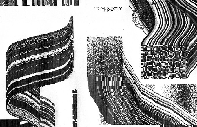 A high-contrast black and white composition featuring swirling, ribbon-like striped patterns interspersed with pixelated blocks and stippled noise textures, evoking a glitchy, halftone aesthetic. The fragmented, repeating lines and digital artifacts visually echo the transient, pixelated nature suggested by the caption's reference to "dotmatrixworx."
