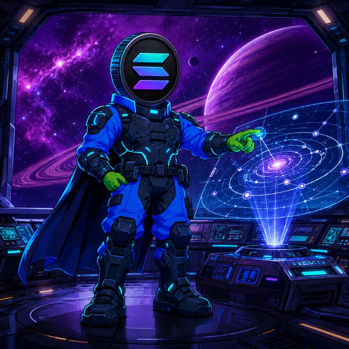 A stylized futuristic astronaut or character with a Solana logo helmet wearing blue and black armor with a cape, standing in a spaceship interior with purple space scenery and holographic displays.