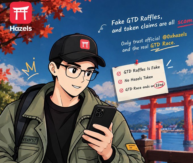 An anime-style illustration of a young man in a Hazels cap and green jacket holding a smartphone, with a warning note stating fake GTD raffles and token claims are scams, urging users to only trust @0xhazels and the real GTD Race ending on the 22nd.